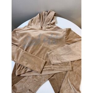 Roma Confetti Tracksuit Set Women XL Tan Excellent Rhinestone Velour Y2K Hoodie